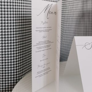 minimalistyczne menu ślubne, proste menu na ślub, czarno-białe menu ślubne, klasyczne menu ślubne