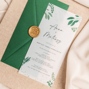 nowoczesne zaproszenia ślubne z zielonymi listkami DL, zaproszenia na ślub nelovstore na kalce