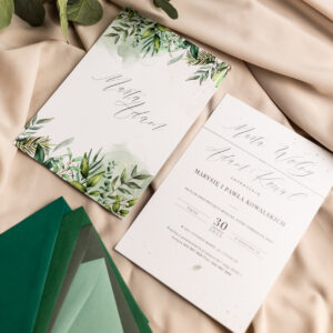 nowoczesne zaproszenia ślubne z zielenią greenery, zaproszenia na ślub nelovstore z listkami