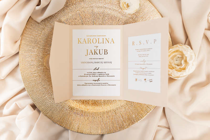 zaproszenia ślubne złocone folderowe, zaproszenia ślubne w formie folderu, zaproszenia ślubne składane