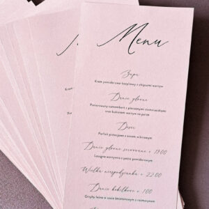 menu ślubne klasyczne, menu na różowym papierze, menu ślubne leżące