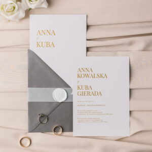 Klasyczne zaproszenia na ślub szar - złote, minimalistyczne stylowe ślubne zaproszenia