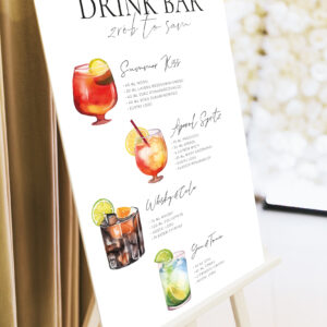 minimalistyczny drink bar, drink bar zrób to sam, plakat z listą drinków