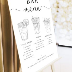 minimalistyczny drink bar, drink bar zrób to sam, plakat z listą drinków
