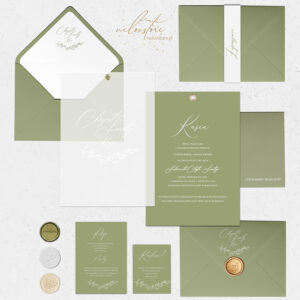 Zaproszenia na Chrzest Święty boho olive z nitem - mockup z dodatkami