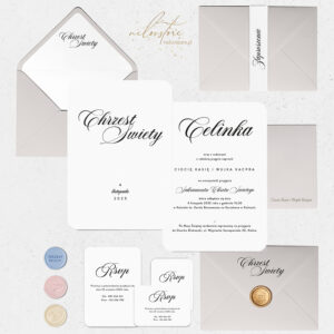 Zaproszenia na Chrzest Święty minimalistyczne z zaokrąglonymi rogami - mockup z dodatkami