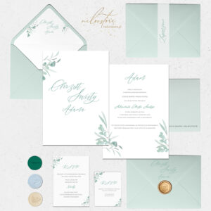 Zaproszenia na Chrzest Święty z roślinami Mint - mockup z dodatkami