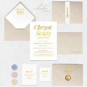 Zaproszenia na Chrzest Święty złocone - mockup z dodatkami