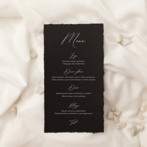 menu rwane, czarne menu rwane z białym zadrukiem, czarne rwane menu