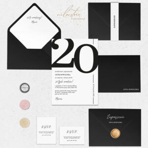Eleganckie zaproszenia urodzinowe czarno białe - mockup z dodatkami