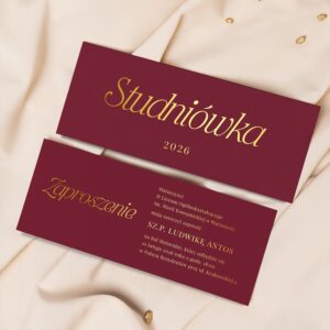 proste, bordowe ze złoconym zadrukiem zaproszenia w formacie DL na 100 studniówkę, zaproszenia na bal maturalny