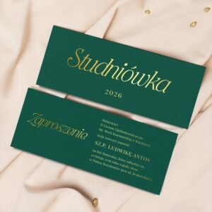 proste, zielone ze złoconym zadrukiem zaproszenia w formacie DL na 100 studniówkę, zaproszenia na bal maturalny