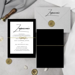 unikatowe zaproszenia na studniowkę, zaproszenia na bal maturalny eleganckie przewiązane złotym sznureczkiem