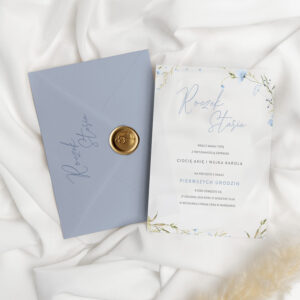 Zaproszenia na roczek na kalce z niebieskimi kwiatuszkami - zdjęcie główne