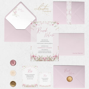 Zaproszenia na roczek na kalce z różowymi kwiatuszkami - mockup z dodatkami