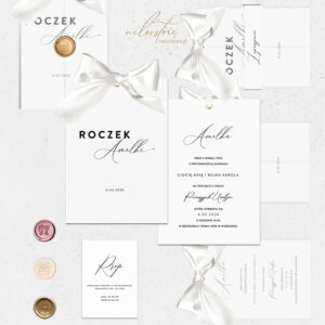 Zaproszenia na roczek z kokardą luxury - mockup z dodatkami