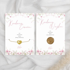 Prośby dla chrzestnych z prezentem, prośby dla chrzestnych z bransoletką i lakiem, prośby o bycie chrzestnymi różowe