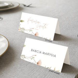 Winietki na Komunię Świętą z beżowymi kwiatuszkami