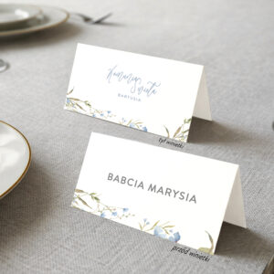 Winietki na Komunię Świętą z niebieskimi kwiatuszkami