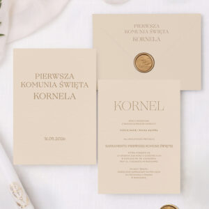 Zaproszenia na Komunię Świętą minimalistyczne beżowe