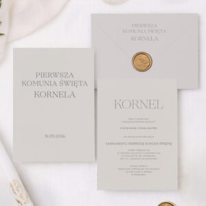 Zaproszenia na Komunię Świętą minimalistyczne jasnoszare