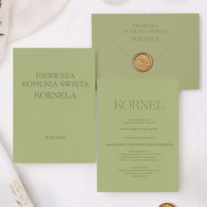 Zaproszenia na Komunię Świętą minimalistyczne oliwkowe