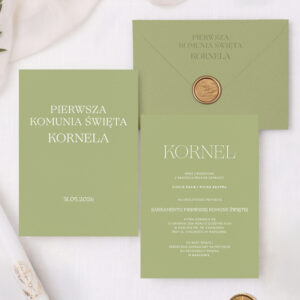 Zaproszenia na Komunię Świętą minimalistyczne oliwkowe z białym zadrukiem