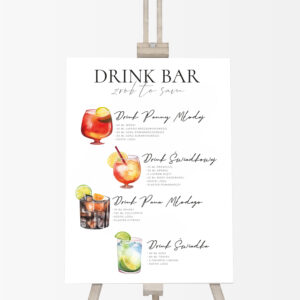 drink bar zrób to sam na wesele, drink bar weselny, tablica z listą drinków
