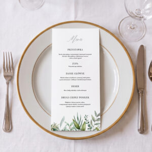 menu ślubne z zielenią, menu ślubne greenery, menu weselne z listkami leżące