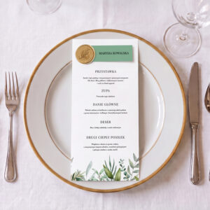 menu ślubne z zielenią, menu ślubne greenery, menu weselne z listkami leżące z winietką i lakiem