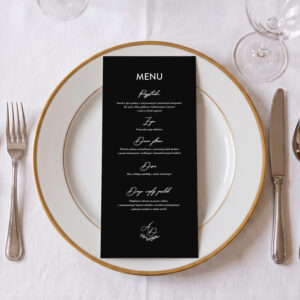 menu weselne z listkiem kolorowe, menu weselne minimalistyczne biały zadruk, menu weselne klasyczne leżące