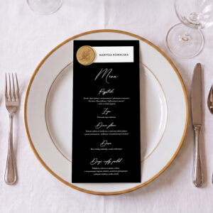 menu weselne z listkiem kolorowe, menu weselne minimalistyczne biały zadruk, menu weselne klasyczne leżące  z winietką i lakiem
