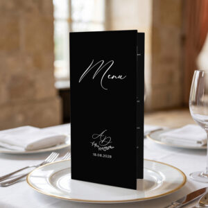 menu weselne z listkiem kolorowe, menu weselne minimalistyczne biały zadruk, menu weselne klasyczne leżące otwierane stojące
