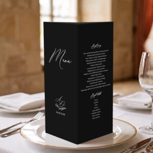 menu weselne z listkiem kolorowe, menu weselne minimalistyczne biały zadruk, menu weselne klasyczne stożek 3w1