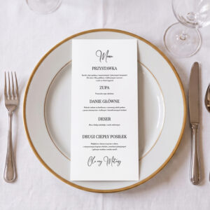 menu ślubne eleganckie minimalistyczne biało-czarne, menu weselne klasyczne biało-czarne, menu weselne leżące