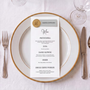 menu ślubne eleganckie minimalistyczne biało-czarne, menu weselne klasyczne biało-czarne, menu weselne leżące z winietką i lakiem