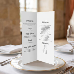 menu ślubne eleganckie minimalistyczne biało-czarne, menu weselne klasyczne biało-czarne, menu weselne otwierane stojące