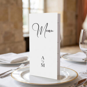menu ślubne eleganckie minimalistyczne biało-czarne, menu weselne klasyczne biało-czarne, menu weselne otwierane stojące