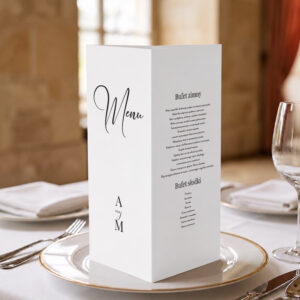 menu ślubne eleganckie minimalistyczne biało-czarne, menu weselne klasyczne biało-czarne, menu weselne stożek 3w1