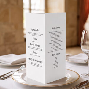 menu ślubne eleganckie minimalistyczne biało-czarne, menu weselne klasyczne biało-czarne, menu weselne stożek 3w1