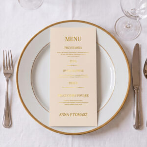 menu ślubne beżowo-złote, menu ślubne beżowe ze złoceniem, menu ślubne beżowe leżące