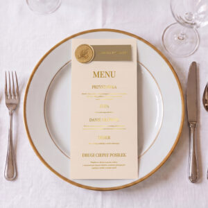 menu ślubne beżowo-złote, menu ślubne beżowe ze złoceniem, menu ślubne beżowe z winietką i lakiem