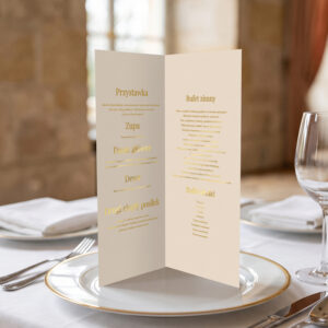 menu ślubne beżowo-złote, menu ślubne beżowe ze złoceniem, menu ślubne beżowe otwierane stojące