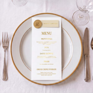menu ślubne biało-złote, menu ślubne białe ze złoceniem, menu ślubne biało-złote z winietką i lakiem