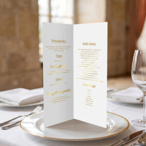 menu ślubne biało-złote, menu ślubne białe ze złoceniem, menu ślubne biało-złote otwierane stojące