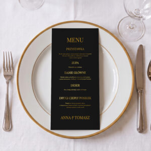 menu ślubne czarno-złote, menu ślubne czarne ze złoceniem, menu ślubne czarne leżące