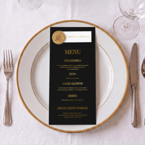 menu ślubne czarno-złote, menu ślubne czarne ze złoceniem, menu ślubne czarne z winietką i lakiem
