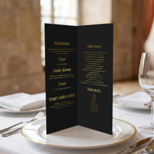 menu ślubne czarno-złote, menu ślubne czarne ze złoceniem, menu ślubne czarne otwierane stojące