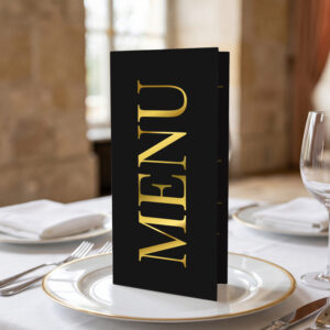 menu ślubne czarno-złote, menu ślubne czarne ze złoceniem, menu ślubne czarne otwierane stojące