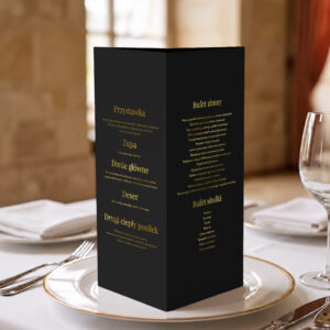 menu ślubne czarno-złote, menu ślubne czarne ze złoceniem, menu ślubne czarne stożek 3w1